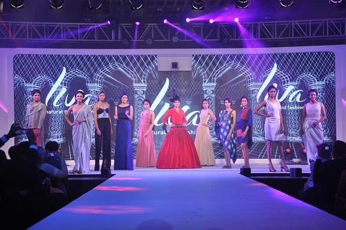 Kangana Ranaut walks the ramp with other models donninf LIVA the new age fluid fabric